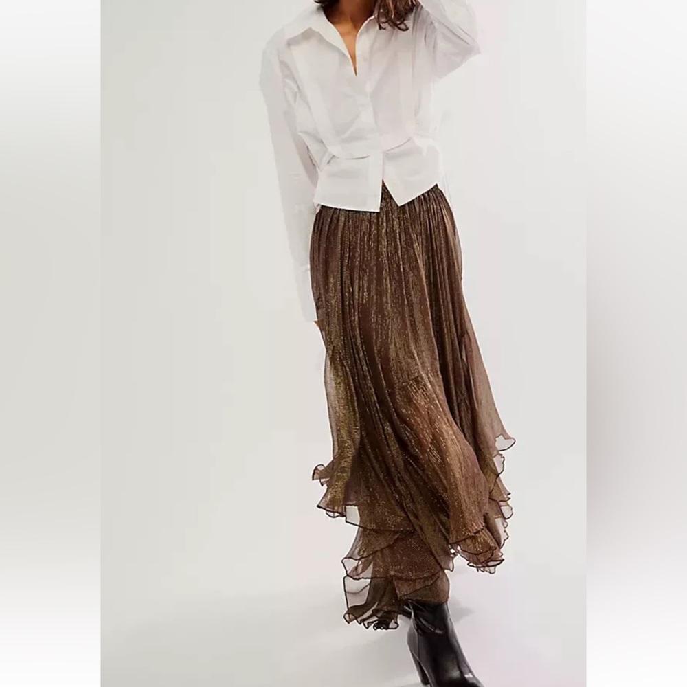 Free People Fp One Clover Shine Asymmetrical Tiered Mid-rise Metallic Skirt S